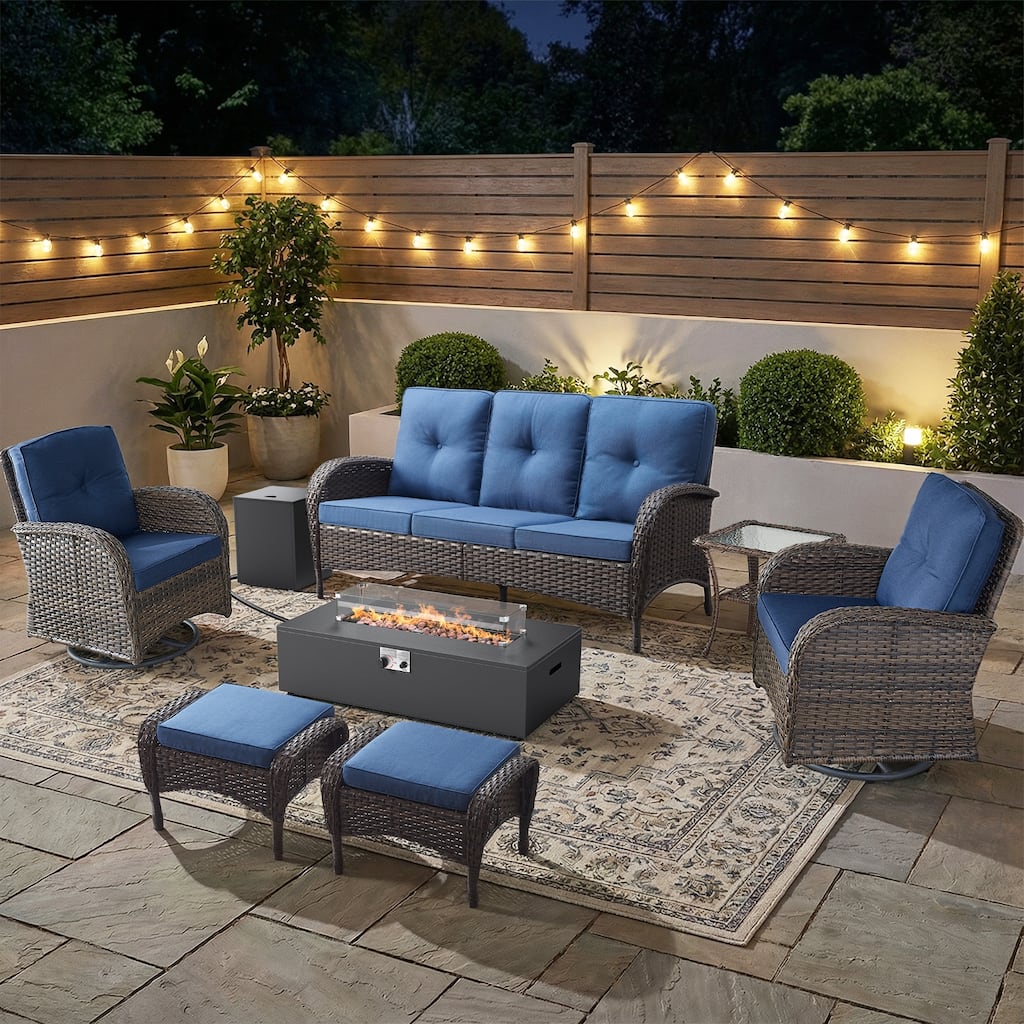 Pocassy 5/7 Piece Sofa Swivel Chair Ottoman with Fire Pit Table