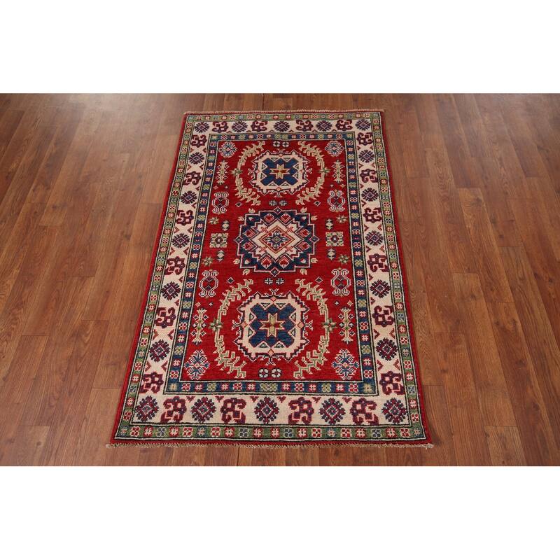 Red Traditional Kazak Oriental Accent Rug Hand-Knotted Wool Carpet - 2'7" x 4'2"