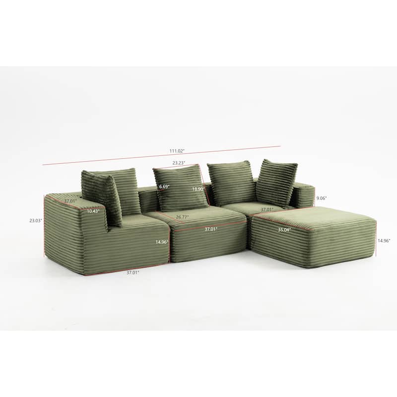 Floor Standing Deep Seat Sofa Corduroy Modular L-shaped Sectional Sofa with Chaise Lounge Compressed Sofa with Ottoman