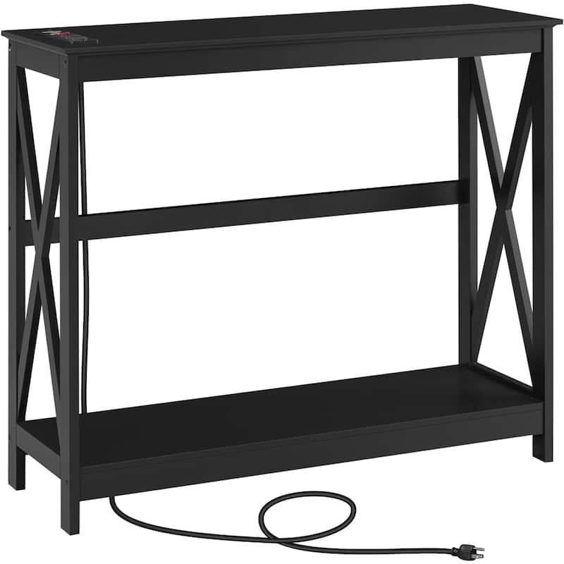 Yaheetech 2-Tier Narrow Sofa Table with Outlet Industrial Long Console Table - Black