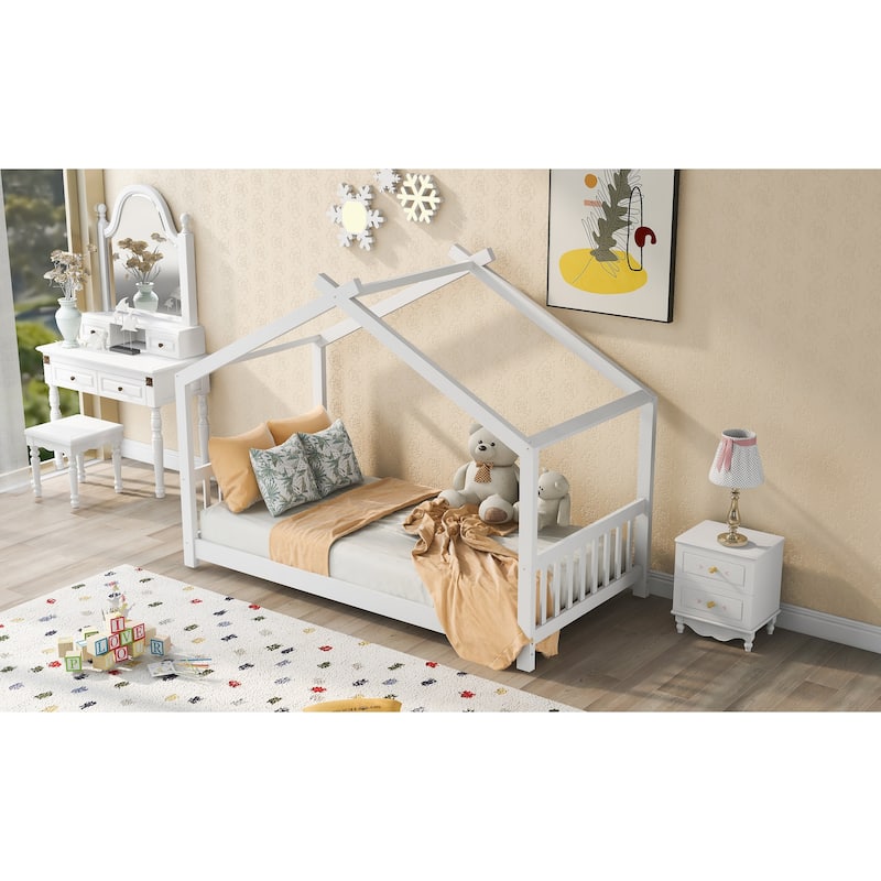 Twin Size House-Shaped Platform Bed with Headboard and Footboard, White