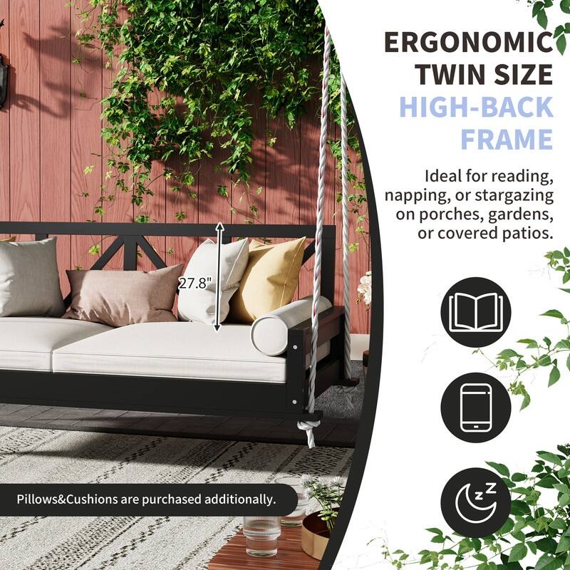 Acacia Wood Twin Size Patio Swing Bed with Hanging Frame