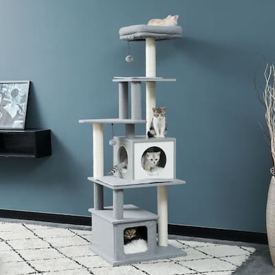 Modern Wood Cat Tree Multi Floor Play Tower with Scratching Post