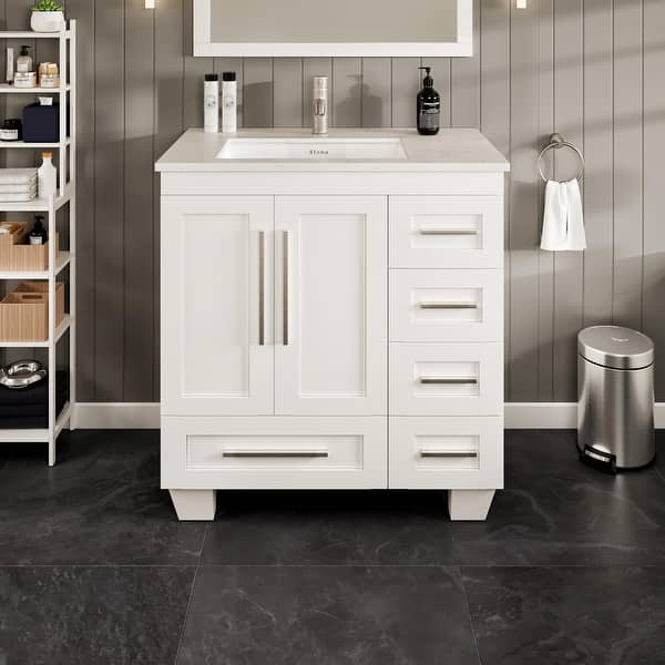Eviva Loon 30 in. W x 22 in. D x 34 in. H Bathroom Vanity in White with White Carrara Quartz Top with White Sink
