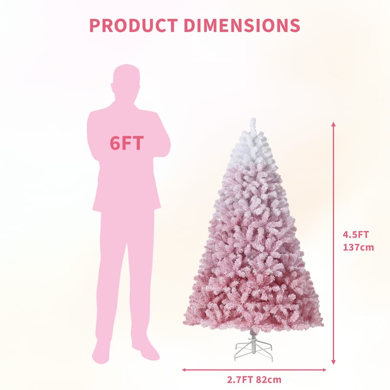 4.5FT Pink Gradient Artificial Christmas Tree – 100 Warm White LEDs, Snow Frosted, 300 Branch Tips, Metal Stand