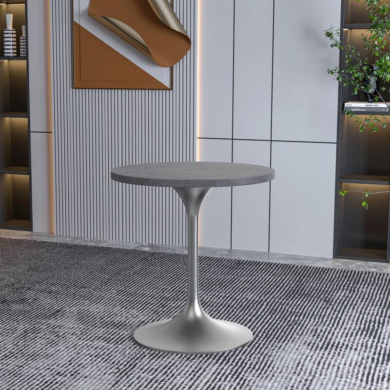 LeisureMod Verve 27" Round Dining Table with Stone TableTop and Brushed Chrome Base for Kitchen & Dining Room