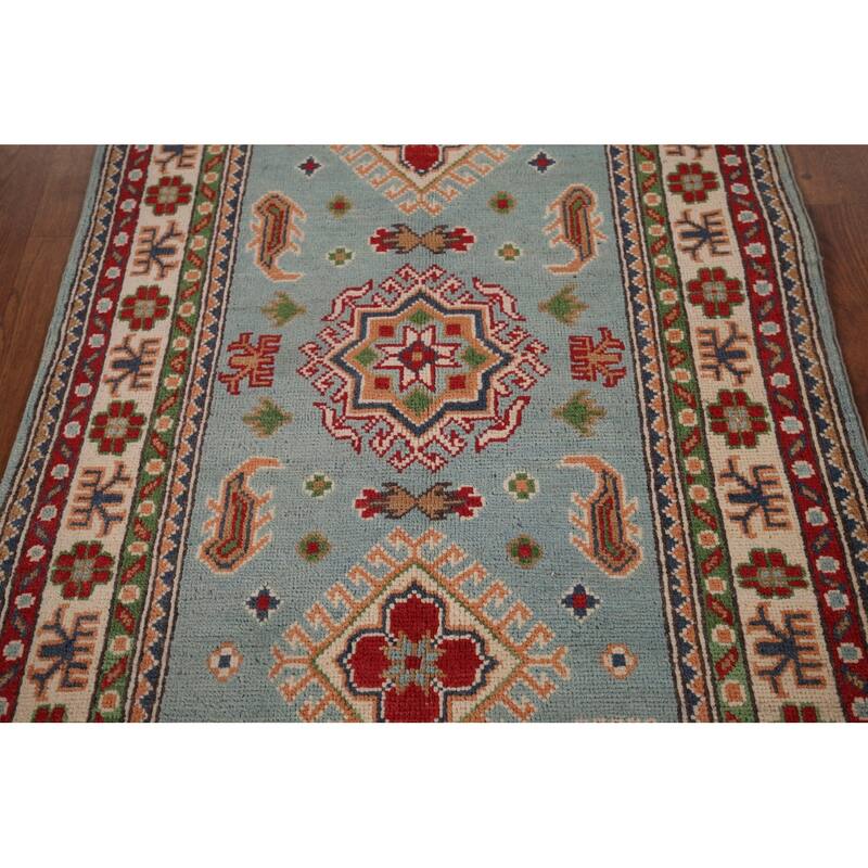 Light Blue Geometric Kazak Accent Rug Hand-Knotted Foyer Wool Carpet - 2'8" x 4'3"