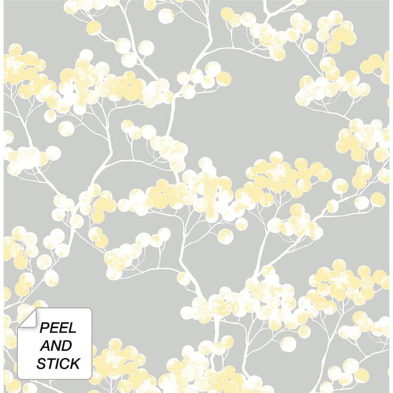 NextWall Cyprus Blossom Peel and Stick Removable Wallpaper - 20.5 in. W x 18 ft. L - Buttercup & Grey