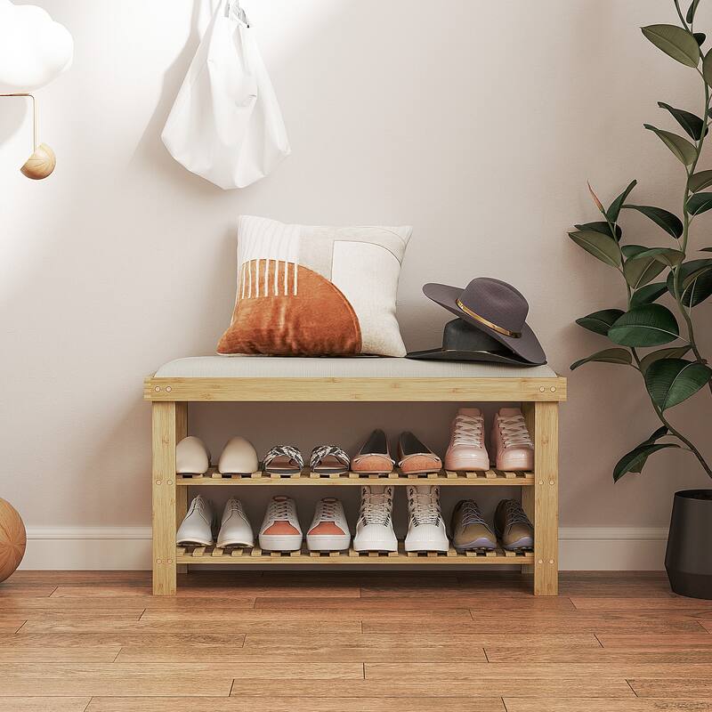 HOMCOM Bamboo Shoe Bench, 3-Tier Entryway Bench with Storage and Cushion, Shoe Organizer for Entryway, Hallway
