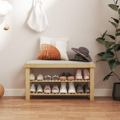 HOMCOM Bamboo Shoe Bench, 3-Tier Entryway Bench with Storage and Cushion, Shoe Organizer for Entryway, Hallway