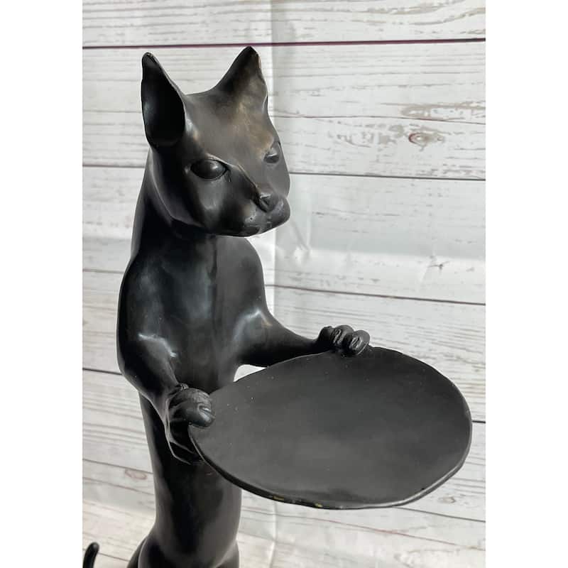 Standing Imitative Cat Holding Tray Business Card Holder Bronze Sculpture Statue Original Art Decor