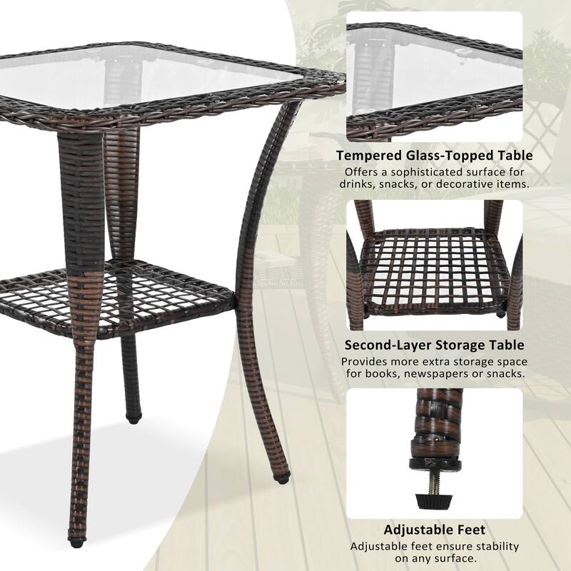 Outdoor Rattan Table Chairs Set with 2 Swivel Chair and Storage Shelf Coffee Table, Patio Conversation Chair Set, 3-Piece