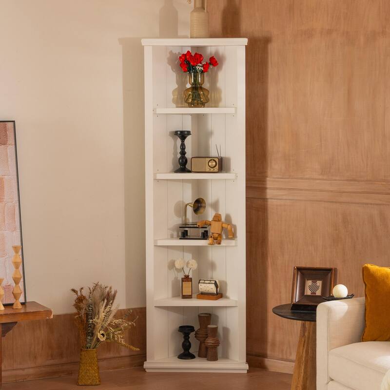 5-Tier Wood Corner Bookshelves, 75.25-Inch Open Corner Bookcase with Rack, Freestanding Display Storage Shelf Organizer - White
