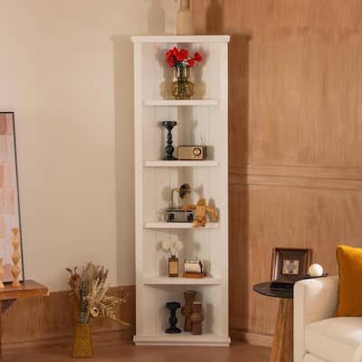 5-Tier Wood Corner Bookshelves, 75.25-Inch Open Corner Bookcase with Rack, Freestanding Display Storage Shelf Organizer