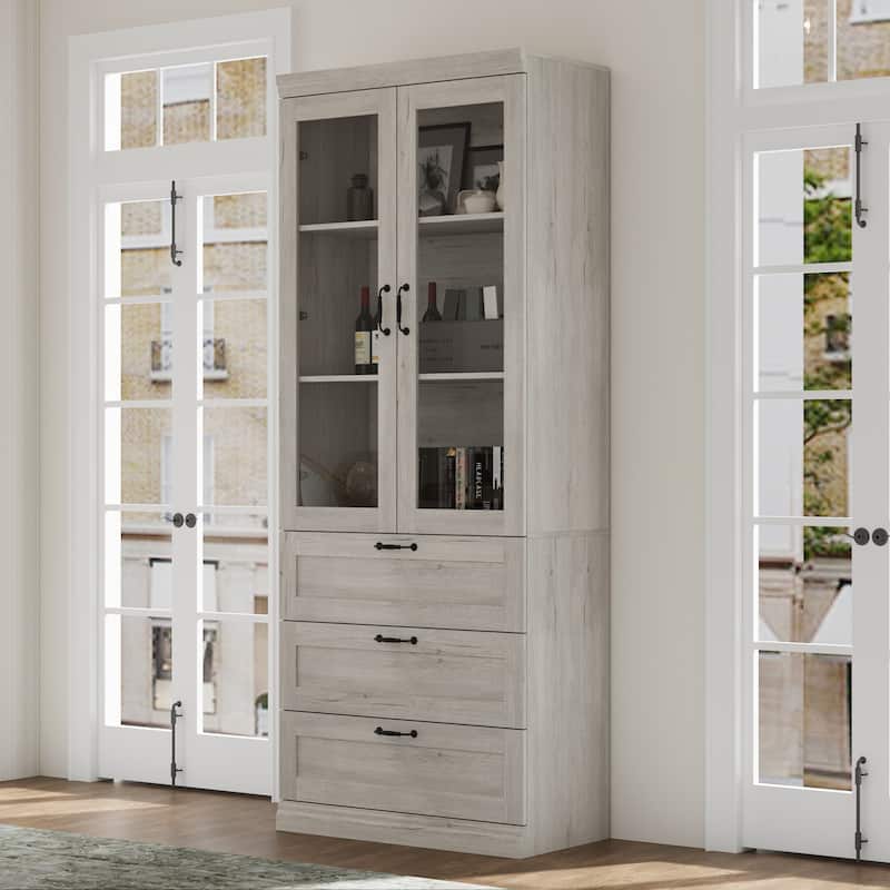 Bookcase Cabinet with Glass Doors and Drawers Multi-Purpose Storage Display Hutch for Living Room or Dining Room