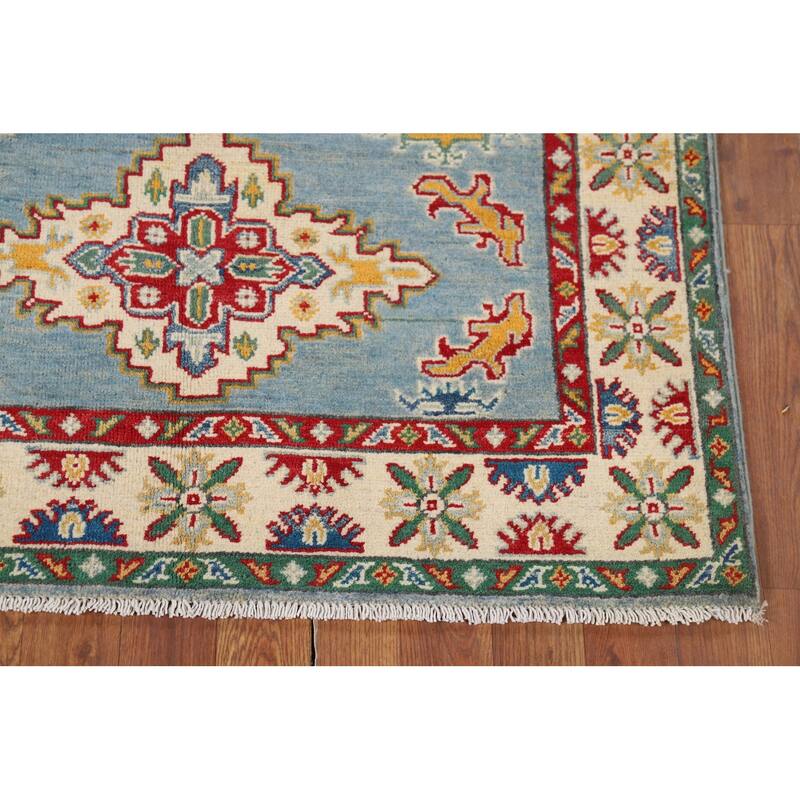 Light Blue Medallion Kazak Oriental Rug Hand-Knotted Wool Carpet - 3'5" x 4'10"
