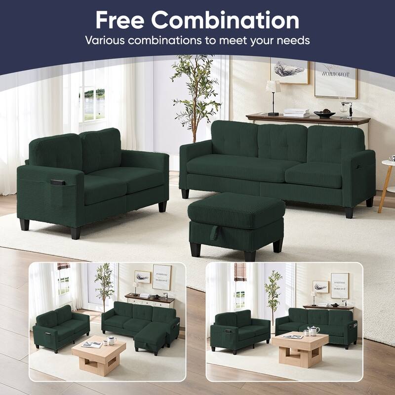 Mixoy 76'' L-Shaped Sofa Set,Corduroy Sectional Sofa,Mid Century 3-Seater Sofa with Storage Ottoman/Loveseat/Single Sofa