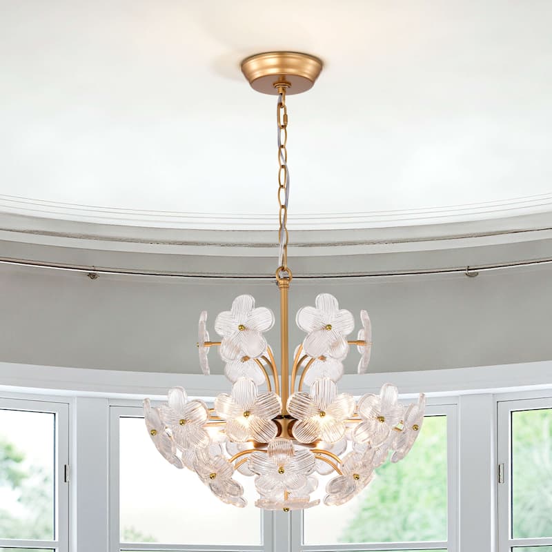 Rosa Modern 6-Light 17.7" Glam Clear Glass Flower Chandelier - Glossy Brass