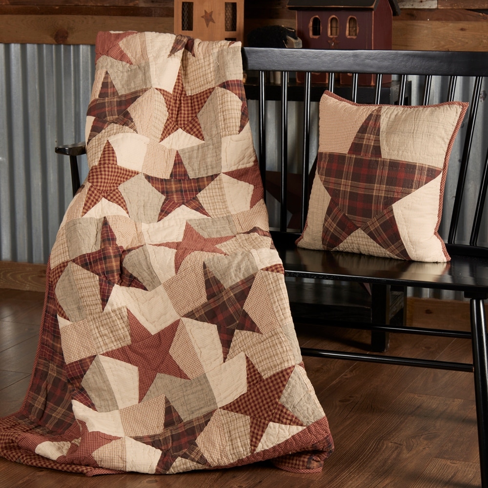 NINE PATCH PLAID FARMHOUSE CABIN BLANKET NOSTALGIA RED STAR 60x60 QUILT THROW 