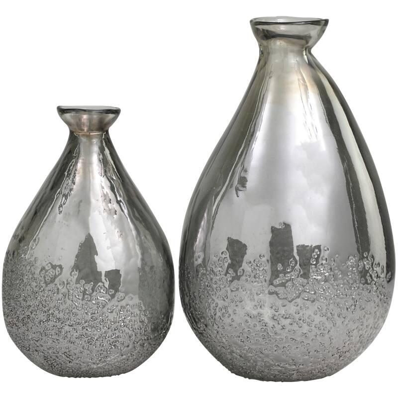 Gray Glass Textured Teardrop Decorative Vase (Set of 2) - 12", 9"H