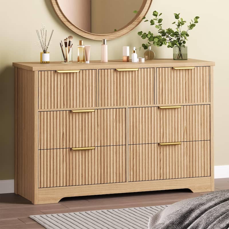 Fluted 7 Drawer Dresser for Bedroom, 47" Wide Wood Chest with Metal Handles, TV Stand & Closet Storage Organizer