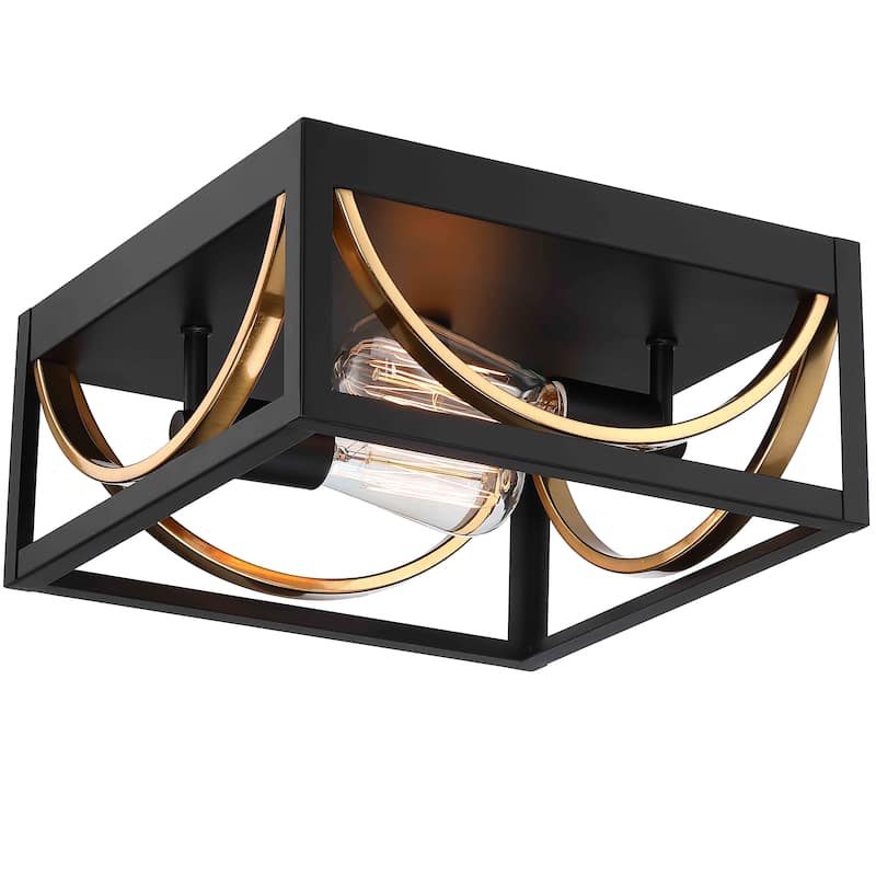 2-Light Caged Flush Mount Light - Black And Golden - 11.8"x11.8"x5.5"