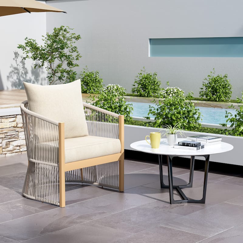 Modern Beige Curved Aluminum Lounge Chair w/ Stylish Rope-Weave Design & Cushioned Comfort, Perfect for Outdoor Living - Beige
