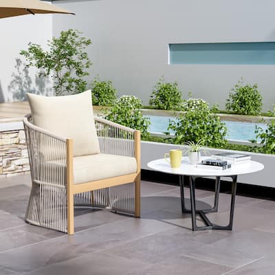 Modern Beige Curved Aluminum Lounge Chair w/ Stylish Rope-Weave Design & Cushioned Comfort, Perfect for Outdoor Living
