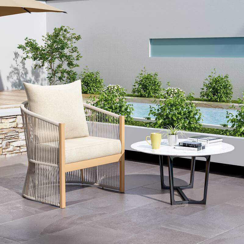 Modern Beige Curved Aluminum Lounge Chair with Stylish Rope-Weave Design and Cushioned Comfort, Perfect for Outdoor Living - Beige+Natural
