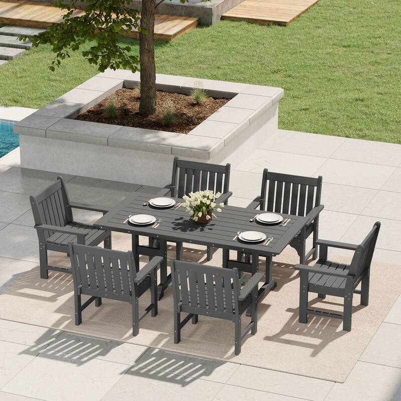 Polytrends Laguna Outdoor Patio 7-Piece Rectangular Table Garden Arm Chairs Dining Set
