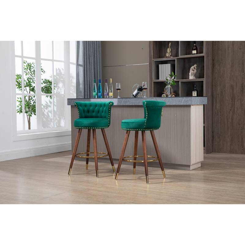 Counter Height Bar Stools Set of 2, Kitchen Bar Stools with Solid Wood Legs, Upholstered Dining Room Chairs with Footrest
