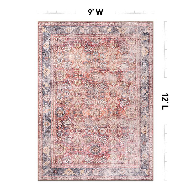 World Rug Gallery Vintage Bordered Machine Washable Non Slip Area Rug