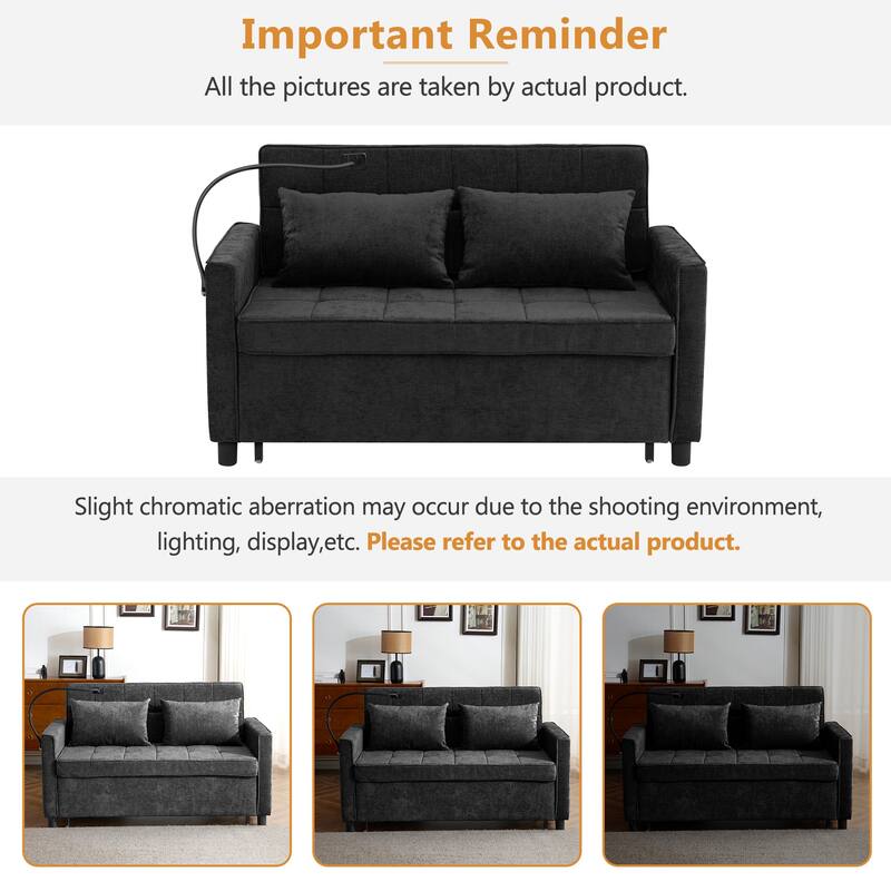 Loveseat Sofa Pull-out Sofa Bed with a Reversible Backrest Cushion, Side Pockets, Two USB Ports and a Phone Holder