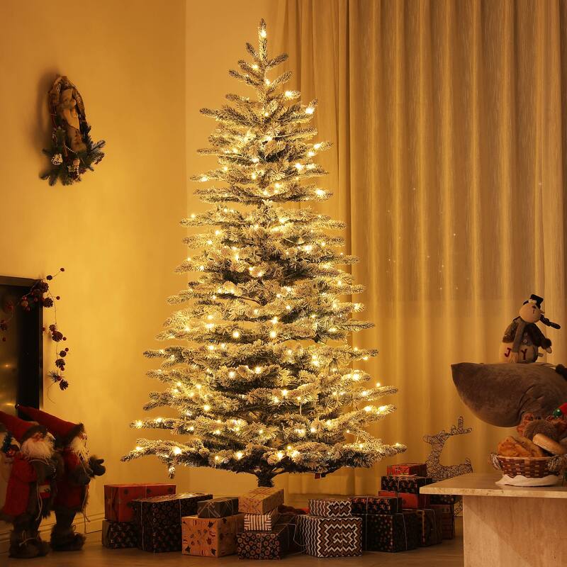 HOMCOM Pre-Lit Snow Flocked Mountain Pine Tree - LED Lights, Hinged Branches, Green