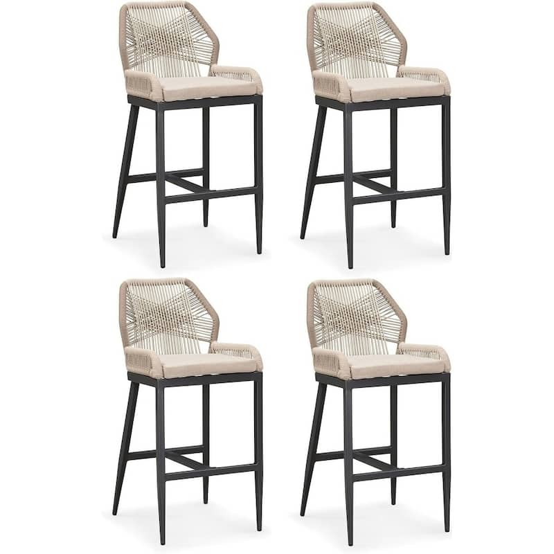 PURPLE LEAF Modern Counter Bar Stools Set of 4 Rattan Chairs with Back and Cushion Kitchen Barstools - Dark Grey - Bar Height