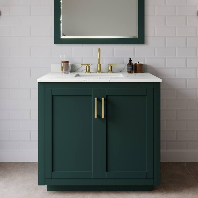 Wyndham Collection WCF292936S-QTZ-US3M34 Miranda 36" Free Standing - Green / Giotto Quartz Top / Brushed Gold Hardware