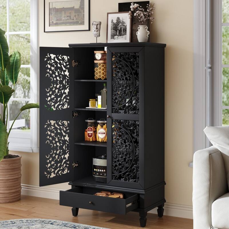 Rustic 55" Tall Storage Cabinet with Drawer, Decorative Carved Wood Accent for Living Room or Dining Area