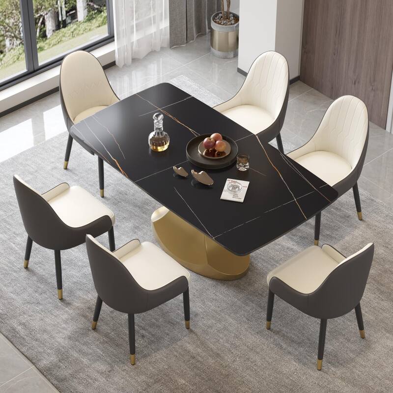 Dining Table for 6~8 Person, Faux Marble Kitchen Dining Table with Gold Pedestal.