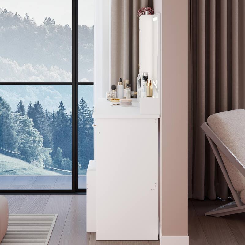 Vanity Desk with Touch Control LED Mirror, Large Size Left Drawer Desktop Vanity Table, Dresser Set with Cushioned Stool
