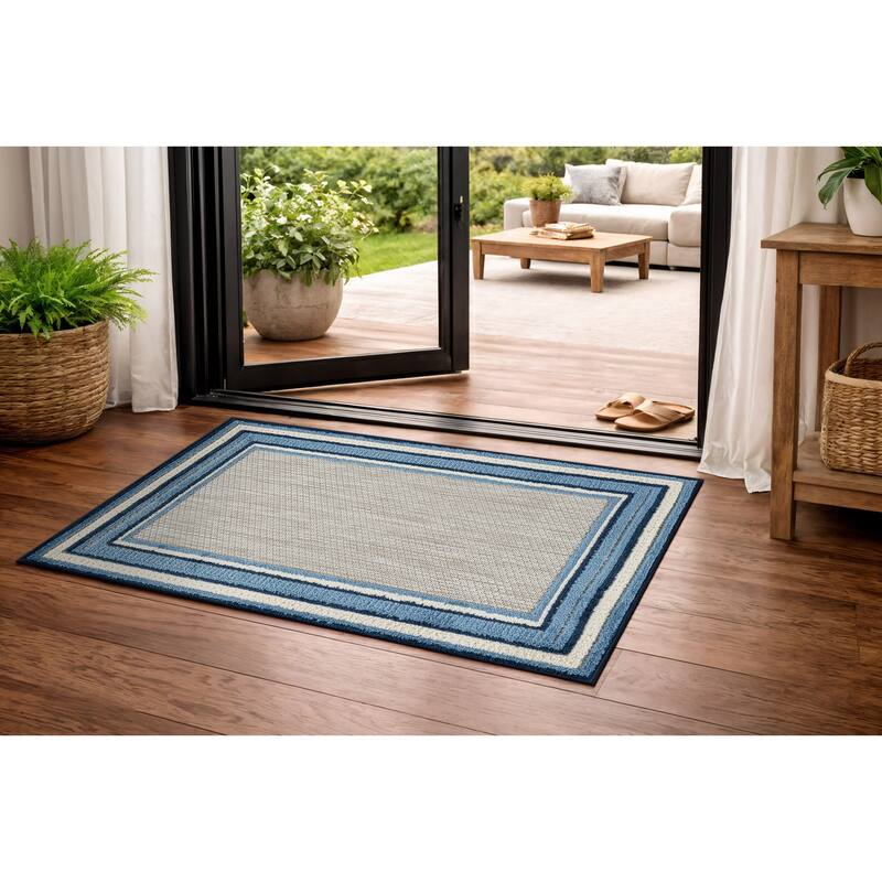 World Rug Gallery Indoor/Outdoor High-Low Textured Area Rug, Coastal Border Easy-Clean Patio Rug - 2' x 3' - Navy