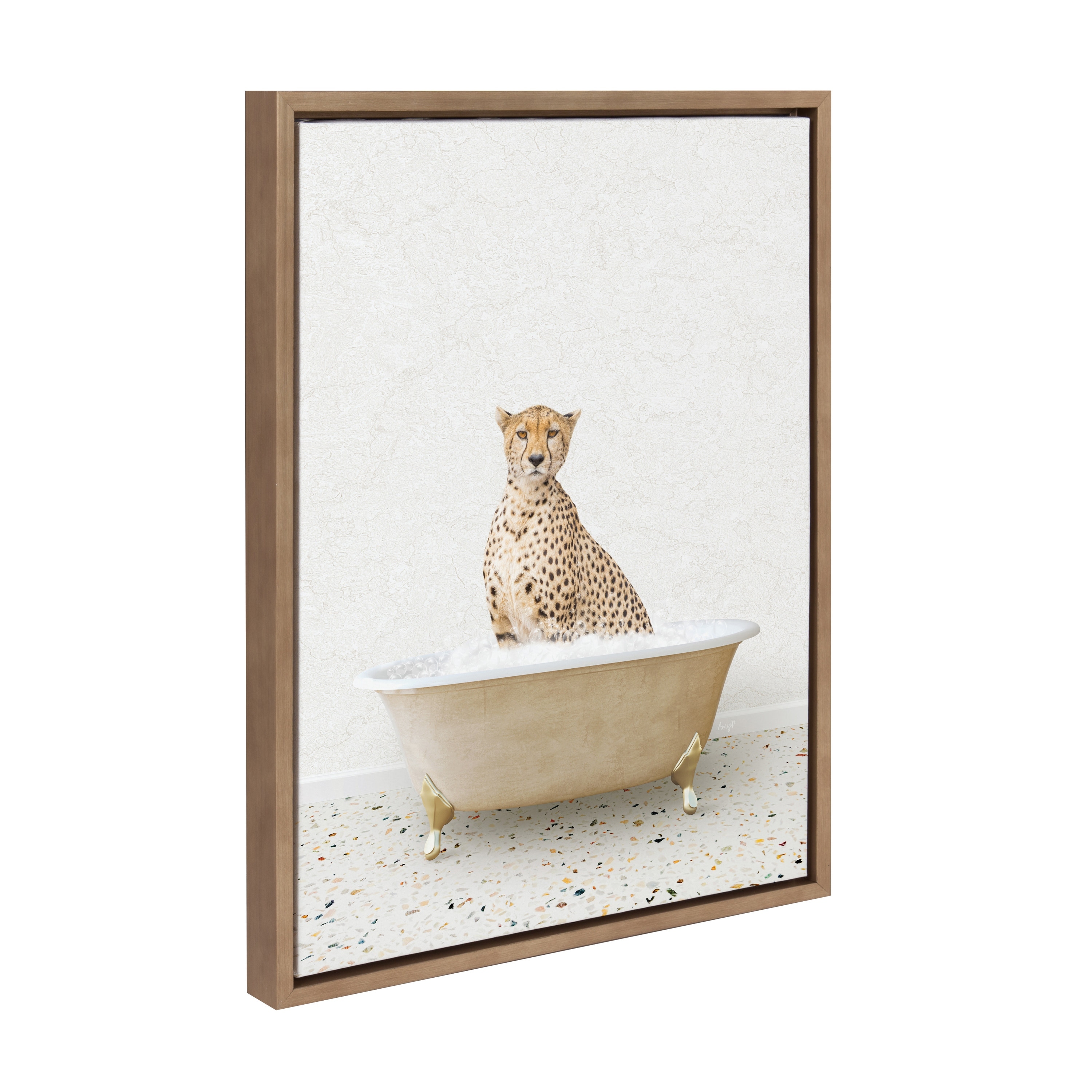 Kate and Laurel Sylvie Cheetah in Terrazzo Bathtub Framed Canvas by Amy Peterson