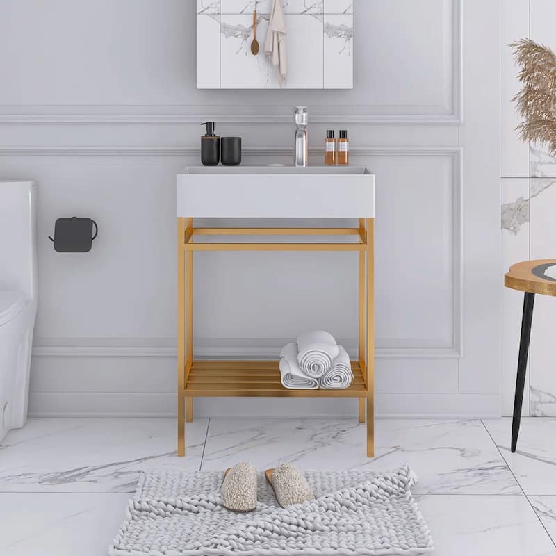 24" Freestanding Bathroom Vanity with Ceramic Sink - 23.62'' x13.98'' x 33.46'' - Gold and White 