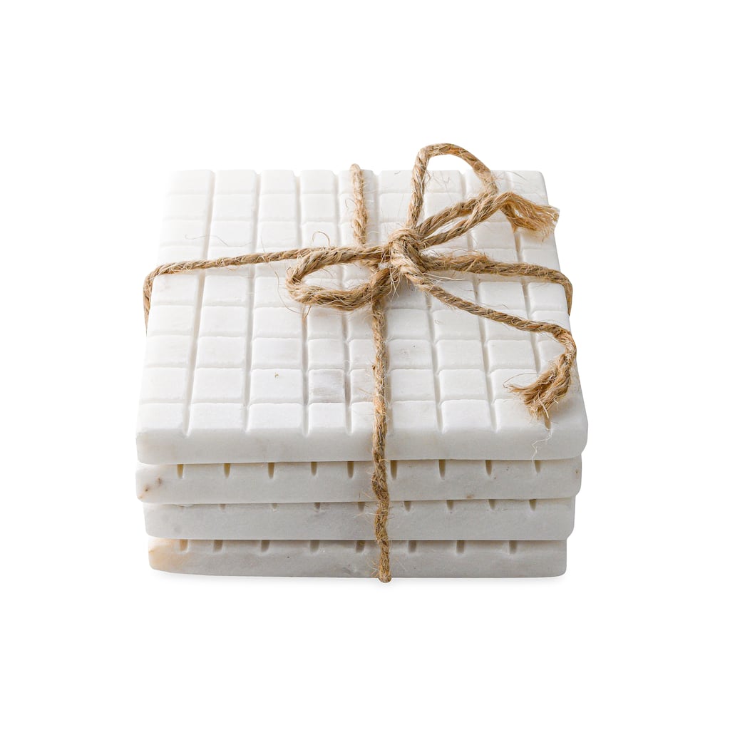 Set of 4 White Marble Square Coasters - White