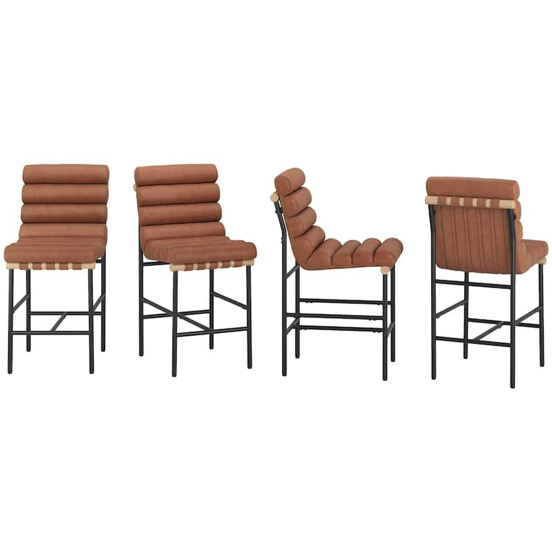Set of 4 26.in Modern Upholstered Counter Height Bar Stool with Ribbed Backrest and Solid Wood & Metal Frame
