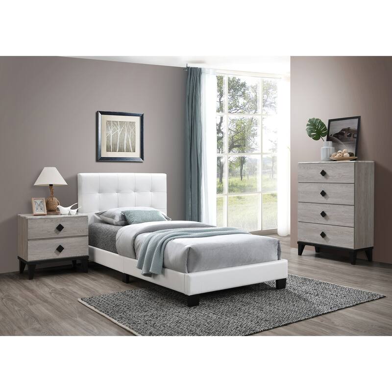Modern White Faux Leather Twin Bed with Middle Support Legs & Rectangle Headboard!