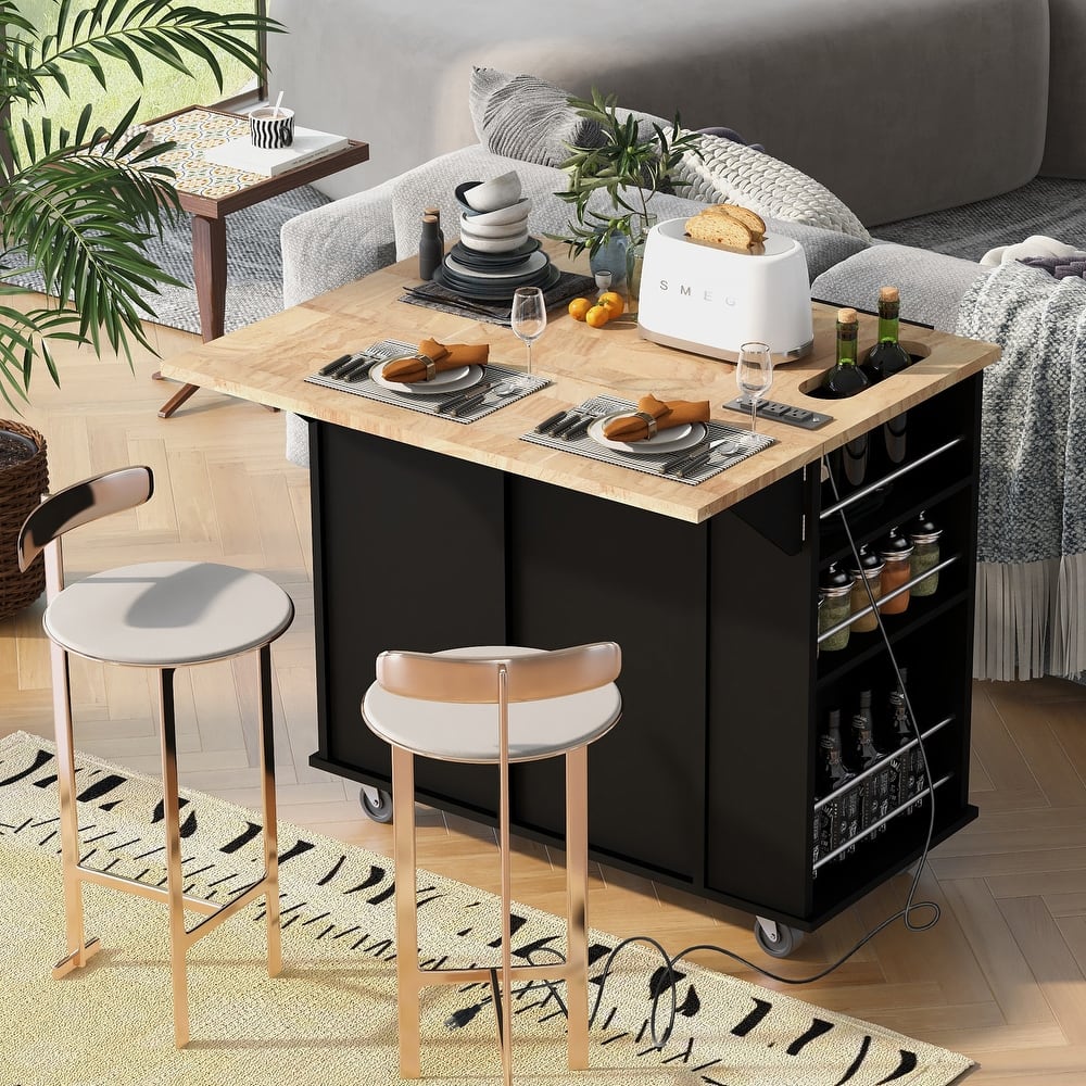 Kitchen Storage Island with Power Outlet and Adjustable Storage, Wooden Spice Cabinet with Drop Leaf, Rubber Wood and Wine Rack