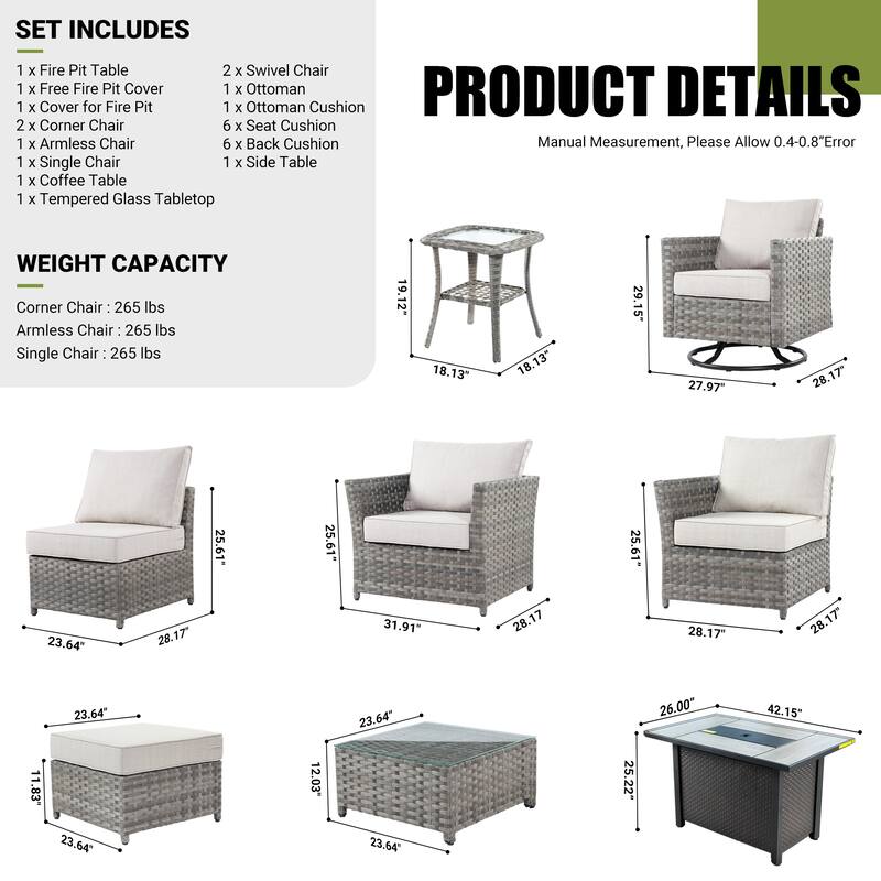 XIZZI 10-piece Patio Wicker Furniture Set with Fire Pit