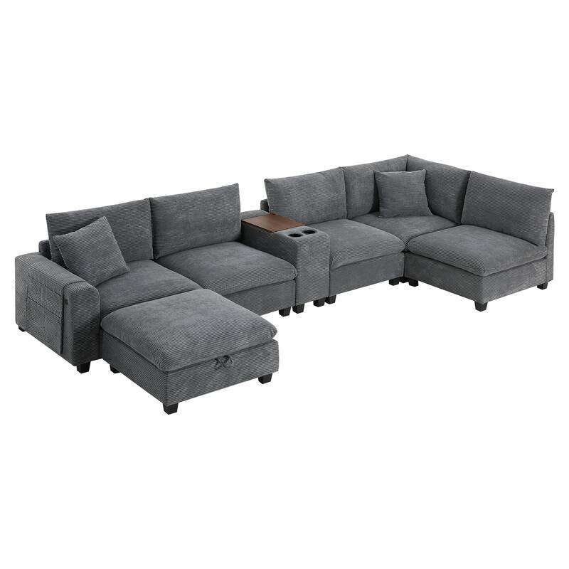 Convertible Modular Sofa 6 Seat Sectional Corduroy Couch with Side Pockets, Cup Holder, USB and Storage Ottoman for Living Room