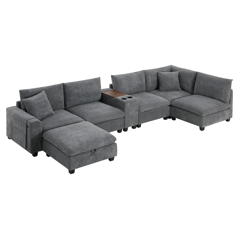U-Shaped Chenille Upholstered Storage Sofa w/ Ottoman, Cup Holder, USB