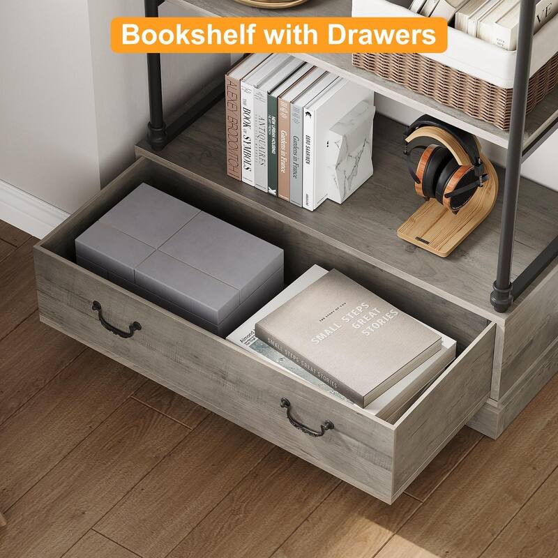 5-Tier Rustic Bookshelf with Metal Frame & Storage Drawer Open Bookcase